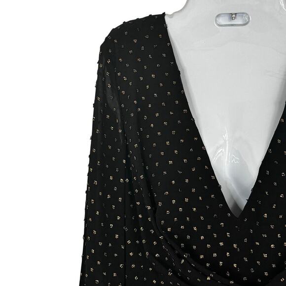 New Jay Godfrey Black Gold Metallic Polka Dot Romper Long Bell Sleeve Sz 6 - Picture 5 of 13